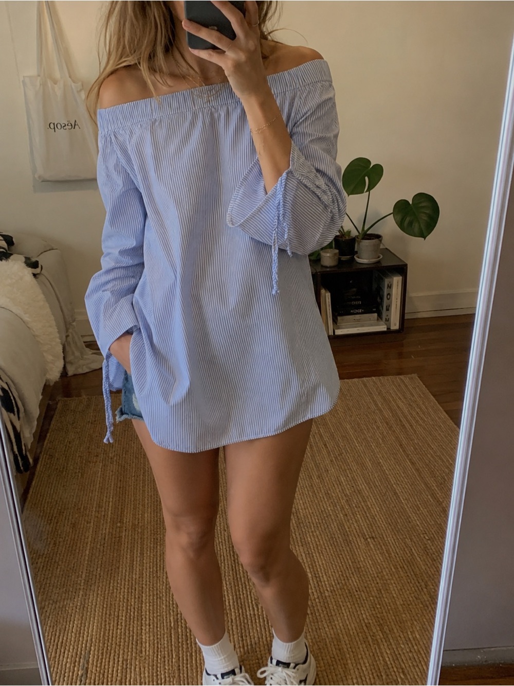 Bardot Striped Off-Shoulder Tunic Top in Light Blue 4/XS